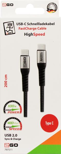 Actual product image 2GO Fast charging cable USB-C 100W Thunderbolt 2m (2 m, USB 2.0, 100 W)