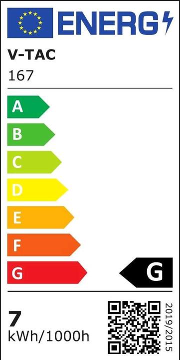 Energie-Label V-TAC VT277 LED Strahler SAMSUNG Chip GU10 7W Kunststoff SMD mit Linse 6400K (GU10, 480 lm, 1x)