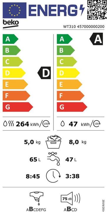 Label énergétique Beko Waschtrockner WT310, W8kg/T5kg