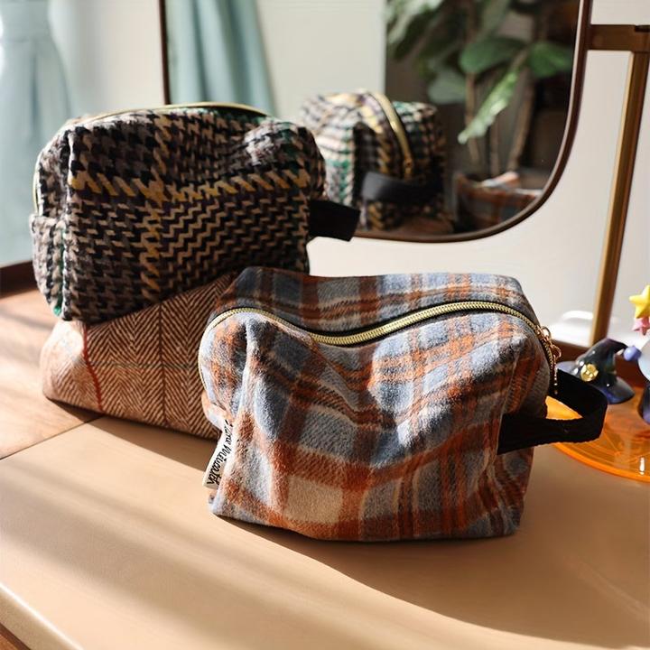 Actual product image Only-Bags.Store Plaid Woolen Cosmetic Bag - Spacious & Portable Makeup Organiser with Zipper, Foldable