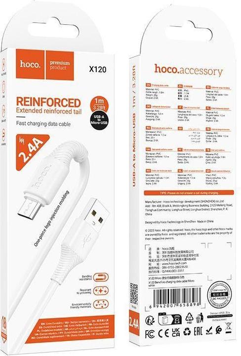 Actual product image Hoco Cable Cable USB A to Micro USB 2,4A 1 m X120 white (1 m, USB 1.0)