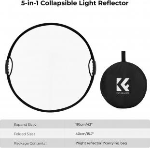 Produktbild K&F Concept 5 in 1 Circular Photography Reflector 107cm with Handle Grip Gold Sliver Black White Translucent Pa (110 cm)
