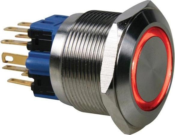 Actual product image Velleman Flat Stainless Steel Push Button Dpst 1No 1Nc Red Ring