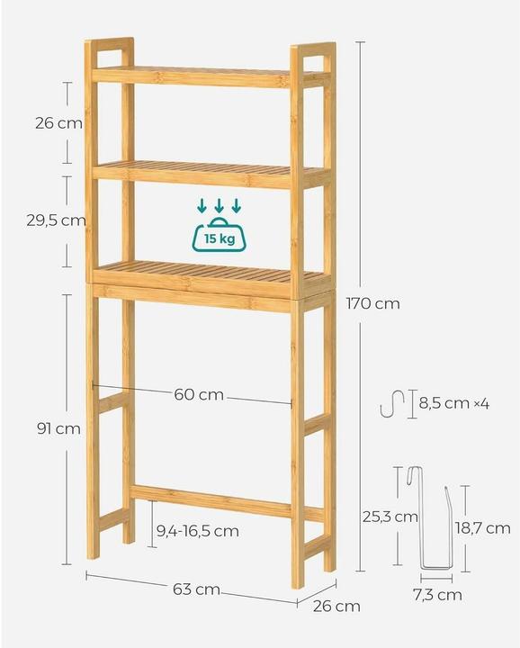 Produktbild Songmics Badezimmerregal mit 3 Ablagen 63 x 170 cm, Braun