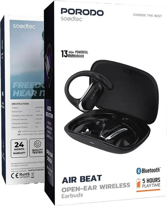 Produktbild Porodo Soundtec Air Beat Open-Ear Wireless Kopfhörer - Schwarz (Keine Geräuschunterdrückung, 5 h, Kabellos)