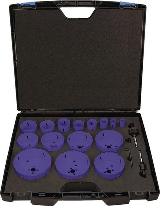 Actual product image Nordwest Handel AG Hole saw set 17-pcs.19-114mm cut-d.38mm HSS-Co8 PROMAT (105 mm, 19 mm, 22 mm, 29 mm, 35 mm, 38 mm, 44 mm, 51 mm, 57 mm, 68 mm, 76 mm, 83 mm, 92 mm, 95 mm)