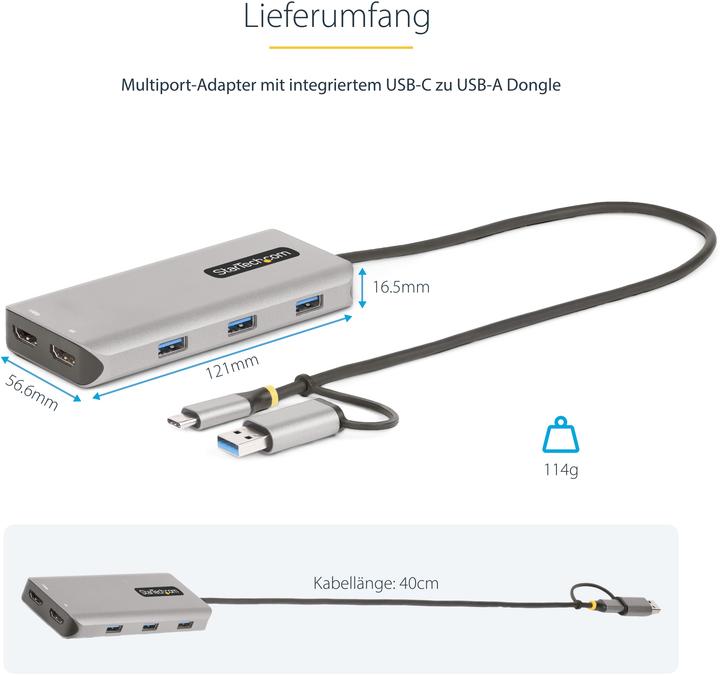 Produktbild StarTech COM USB-C & USB-A Multiport Adapter Dual HDMI 4K/1080p 3-Port USB Hub USB-C to A Dongle Min (USB-C)