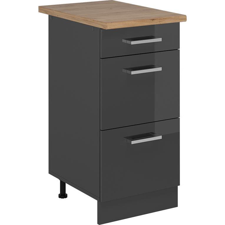 Vicco, Regal, Küchenunterschrank R-Line, Anthrazit Hochglanz/Anthrazit, 40 cm mit Schubladen, AP Eiche