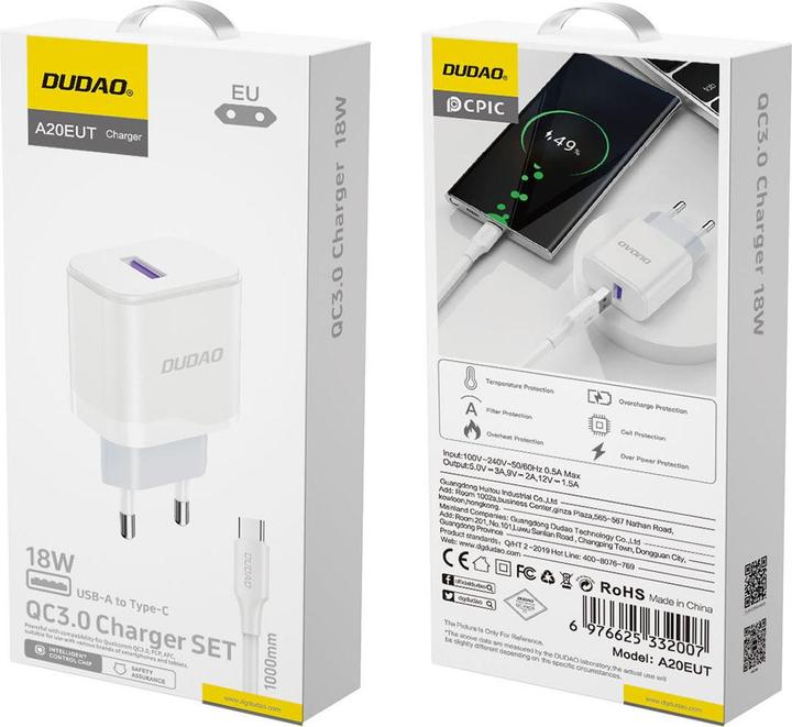 Produktbild Dudao A20EU USB-A 18W Wandladegerät – Weiss + USB-A – USB-C-Kabel (18 W)