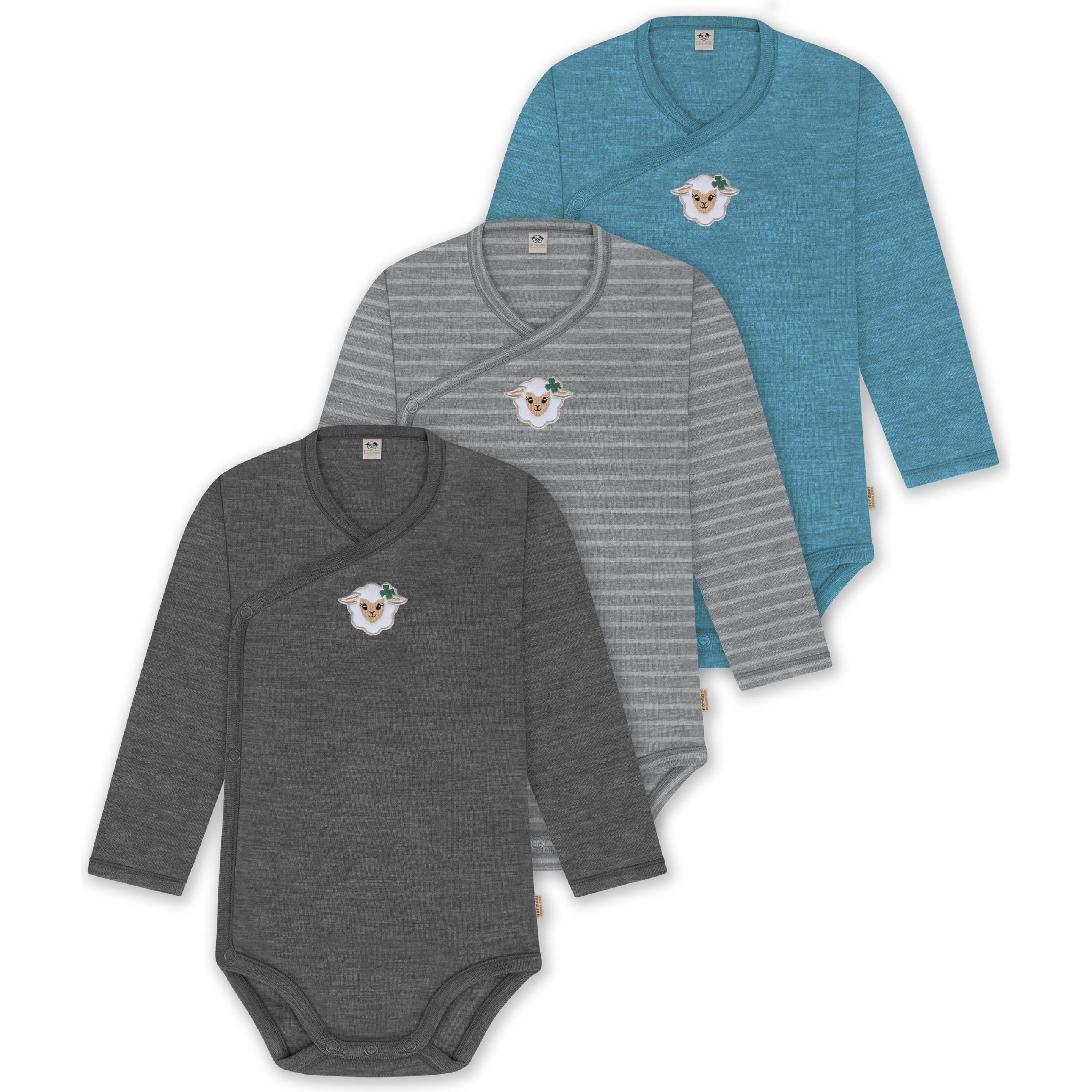 Thumbnail - Normani, Herren, Body, 3er Set Baby-Body Wickelbody Langarm Toddler-Bodysuit aus Merinowolle - 9357, Blau, (44)
