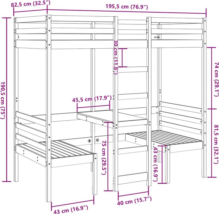 Valeurs nutritives et ingrédients VidaXL Lit superposé avec bureau & chaises (75 x 190 cm)