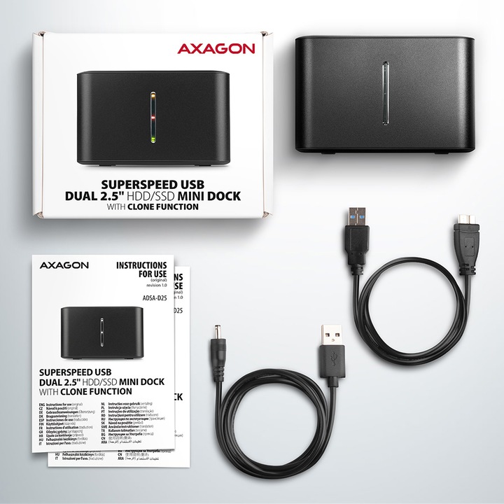 Actual product image Axagon ADSA-D25 storage drive docking station USB 3.2 Gen 1 (3.1 Gen 1) Type micro-B Black (2.5")