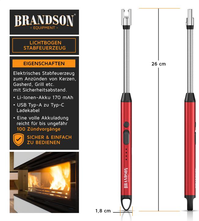 Actual product image Brandson Feuerzeug elektrisch, Lichtbogen Stabfeuerzeug USB aufladbar, flexibler Hals, Kaminanzünder, rot