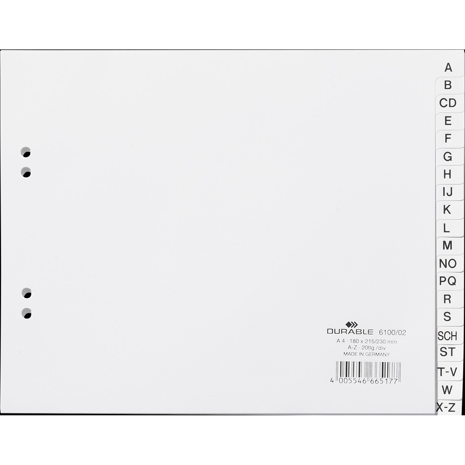 Durable, Ordner Zubehör, REGISTER PP 20 BLATT GEPRÄGT A-Z TEILDECKEND 1 ST 610002