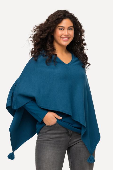 Immagine prodotto Ulla Popken Poncho di maglia smanicato con orlo a punta, nappe e scollo a V (50, 52, 54, 56)