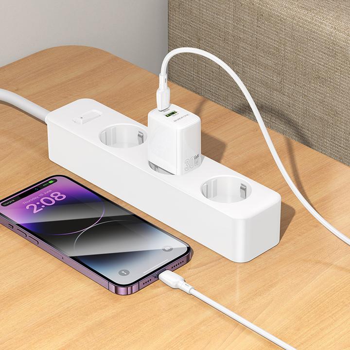 Image du produit Borofone Chargeur secteur BN29 Fuente - USB + Type C - QC 3.0 PD 30W avec câble Type C vers Lightning blanc (30 W, 2 ports)