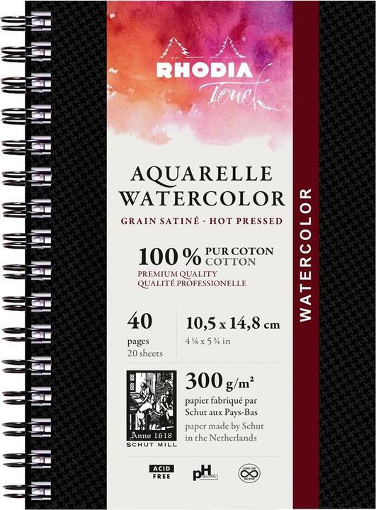 Image du produit Rhodia Touch Watercolor Book, papier 100% coton grain satiné 300g - A6 portrait, 40 pages - Noir (300 g/m², 240 x)