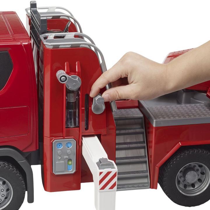 Actual product image Bruder Scania Super 560R fire brigade with turntable ladder, water pump, L+S module