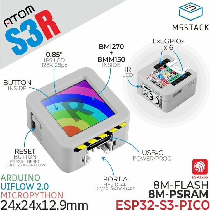 Image du produit M5Stack Kit de développement AtomS3R avec écran couleur de 0,85 pouce et 8 Mo de PSRAM