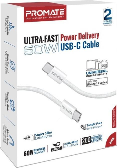 Produktbild ProMate EcoLine-CC200 White USB-C Kabel (2 m, USB 2.0, 60 W)