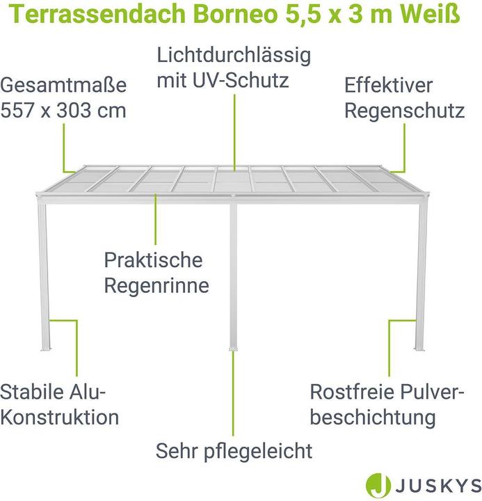 Image du produit Juskys Aluminium Terrassendach Borneo 5,5x3m mit Doppelsteg-Platten - Weiss
