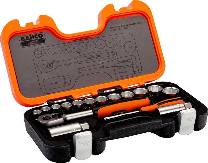Actual product image Bahco 1/4"- und 3/8"-Steckschlüssel-Satz, metrisch, Sechskant, inklusive Umschaltknarre - 34-teilig (3/8")