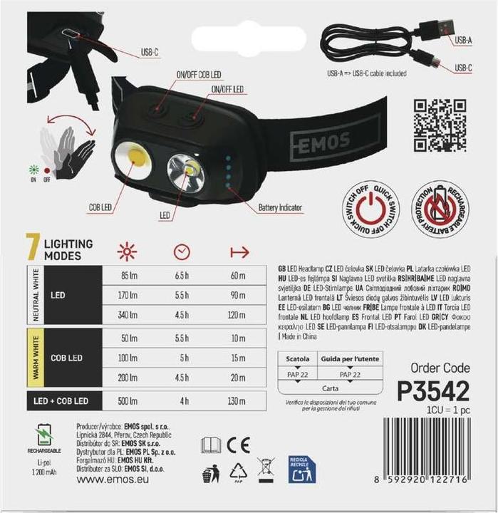Actual product image Emos COB LED rechargeable headlamp P3542, 500lm, 130m, Li-pol 1200 mAh (500 lm)