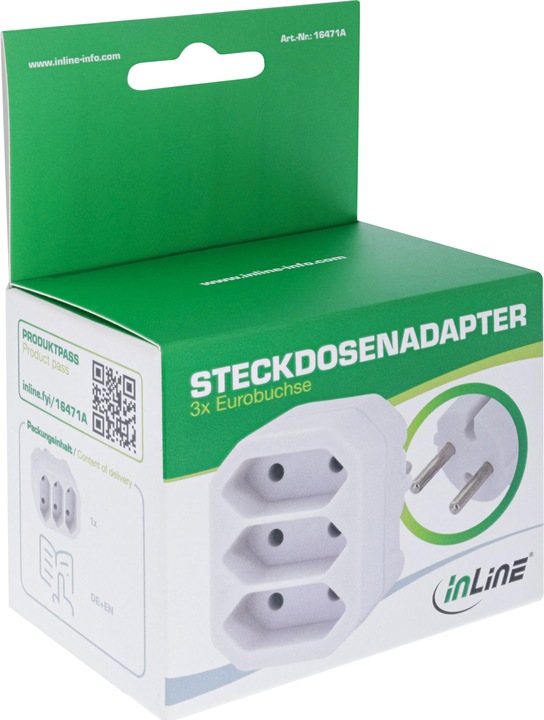 Produktbild InLine Steckdosenadapter, CEE7/17 an 3x Eurobuchse, mit erhöhtem Berührungsschutz, weiss (3 x)