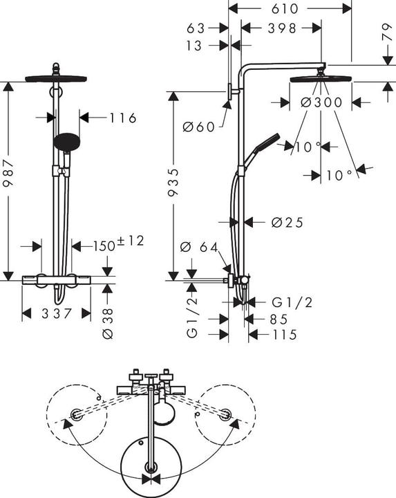 Produktbild hansgrohe Regendusche mit Thermostat, Handbrause und Gleitstangensystem