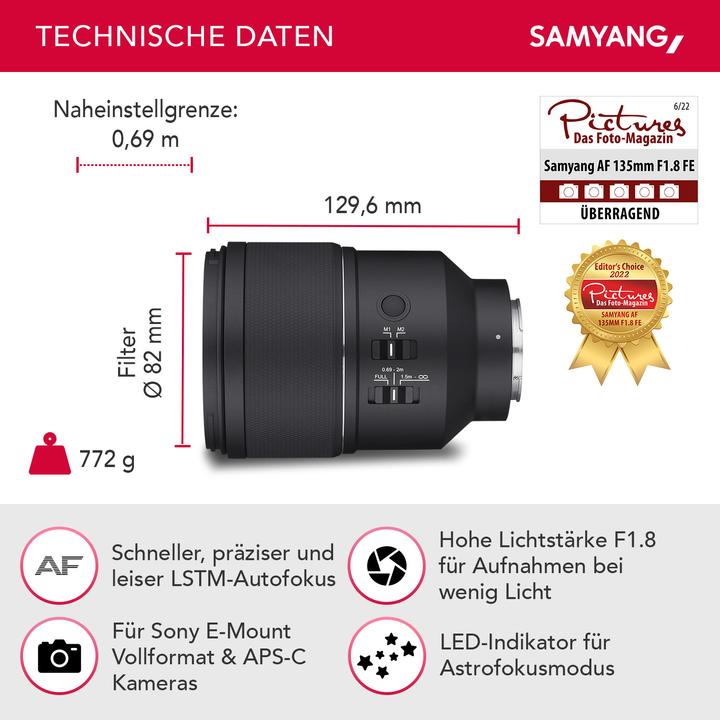 Actual product image Samyang AF 135mm f/1.8 FE (Sony E, full size, APS-C / DX)