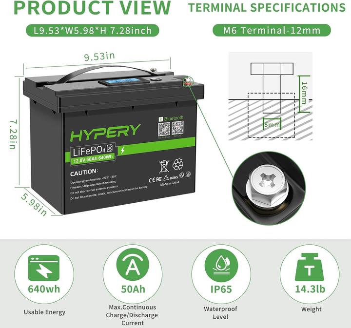Actual product image Hypery LiFePO4 Batterie mit Bluetooth und LED-Display (12 V, 50 Ah)