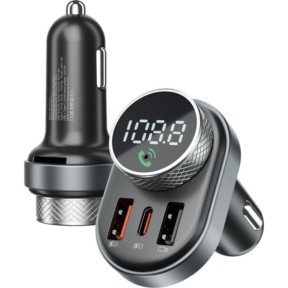 Proove Trasmettitore FM Bluetooth e caricatore da auto 2 x USB-A - 1 x USB-C - 1 x microSD, nero, Adattatore per auto, Nero