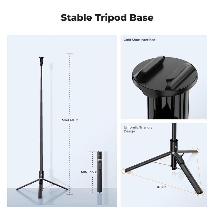 Actual product image K&F Concept X96 1.75M Phone Selfie Stick with 9 Buttons Bluetooth Remote Control, Phone Holder (Black)