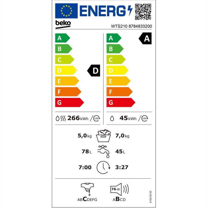 Label énergétique Beko Waschtrockner WTS210, W7kg/T5kg
