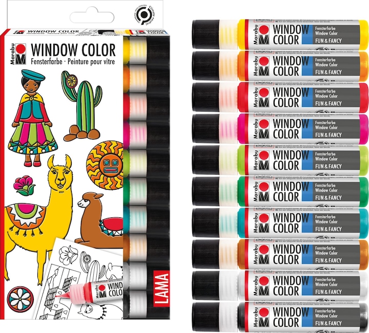 Image du produit Marabu Lama (Blanc, Reseda, Noir contour, Orange, Rouge cerise, Framboise, Jaune, Marron clair, Vert sève, Bleu turquoise, 250 ml)