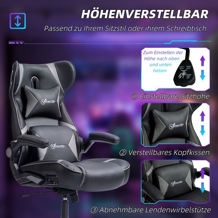 Produktbild Swisshandel24 Gaming Stuhl mit Wippen- und Schaukelfunktion, ergonomisch, bis 120 kg, Schwarz+Grau