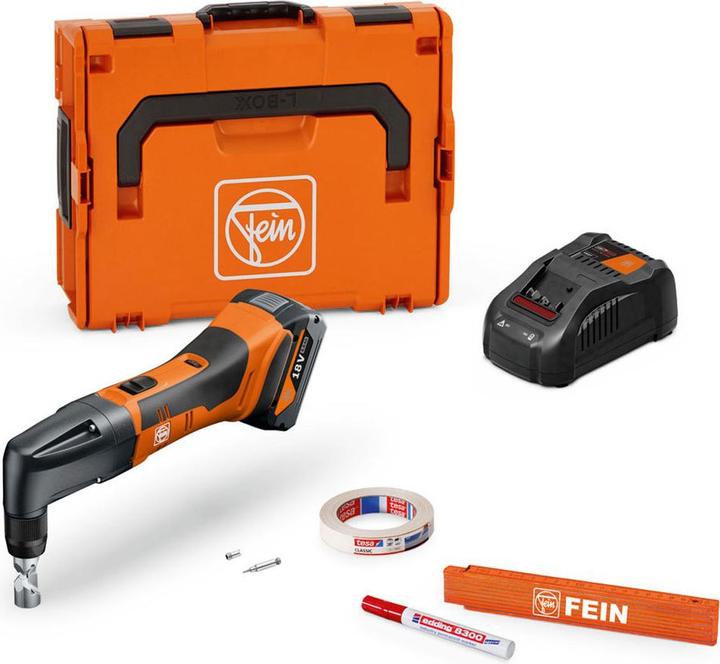 1x rechargeable battery LiIon GBA 18V 5.0 Ah AS, Permanent marker, Painter's tape and metre rule, Charger GAL 1880 CV AS, Additional stamp and die set