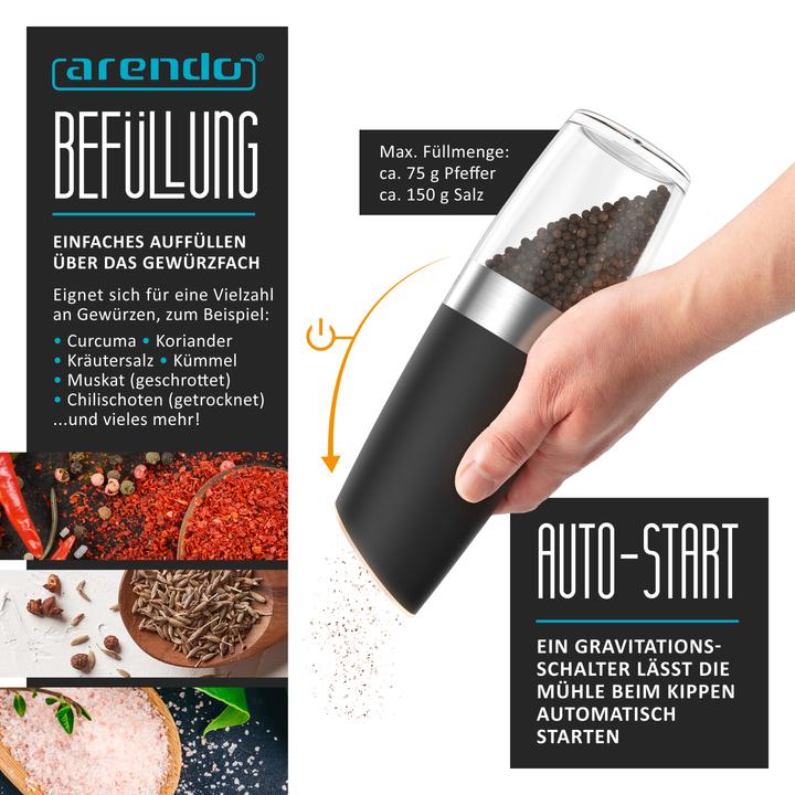 Produktbild Arendo Salz- & Pfeffermühle Elektrisch 2er Set, Gewürzmühlen, einstellbar, Batteriebetrieben, Edelstahl (Salz, Pfeffer)