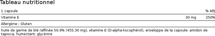 Valeurs nutritives et ingrédients Phytopharma Vitamin E (90 pièce(s), Capsules, 100 g)