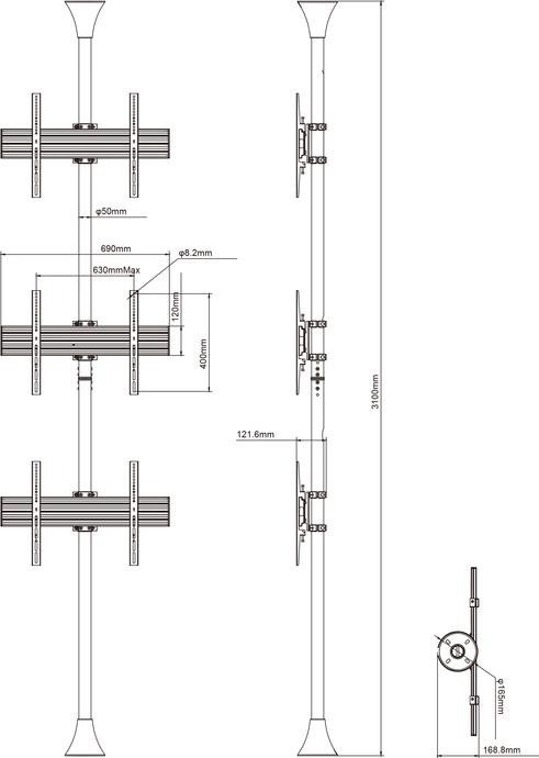 Produktbild Multibrackets Boden-Deckenhalter 3x, 40"-65", VESA 100x100 (65", 90 kg)