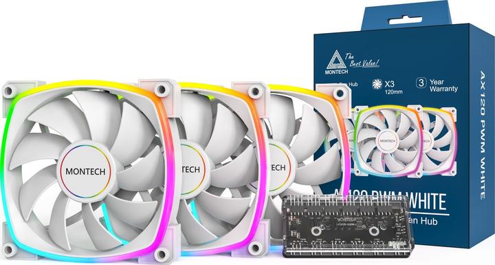 Produktbild Montech Lot de 3 Ventilateurs de boitier AX120 RGB - 12cm (Blanc) (120 mm, 3 x)
