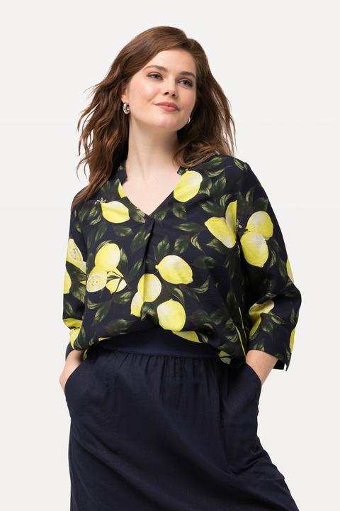 Actual product image Ulla Popken Lemon Print 3/4 Sleeve Blouse (50, 52)