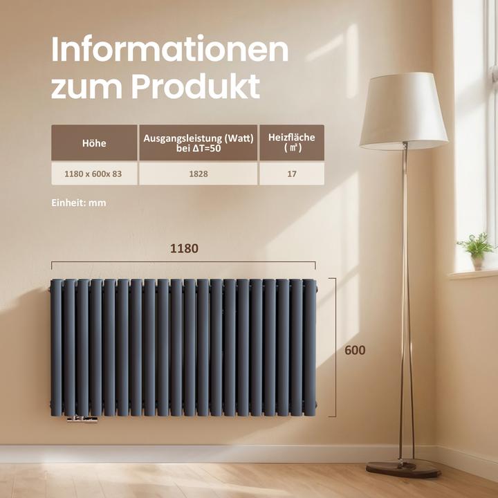 Produktbild Emke Heizkörper, Ovaler Heizkörper, Anthrazit 60x110cm 1828W Doppellagig (1828 W)