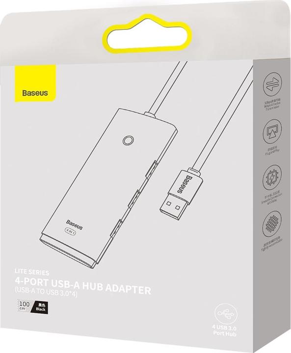 Actual product image Baseus Lite Series 4-Port USB-A HUB Adapter (USB-A to USB 3.0*4 ) 1m Black (USB-C, 4 Ports)