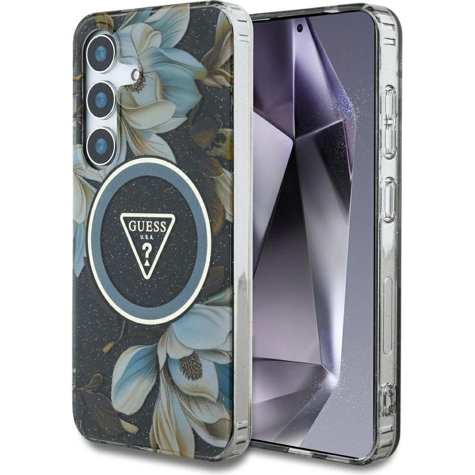 Guess Etui Glitter Flowers Triangle Buttons MagSafe do Samsung Galaxy S25 czarny (Samsung Galaxy S25), Smartphone Hülle,...