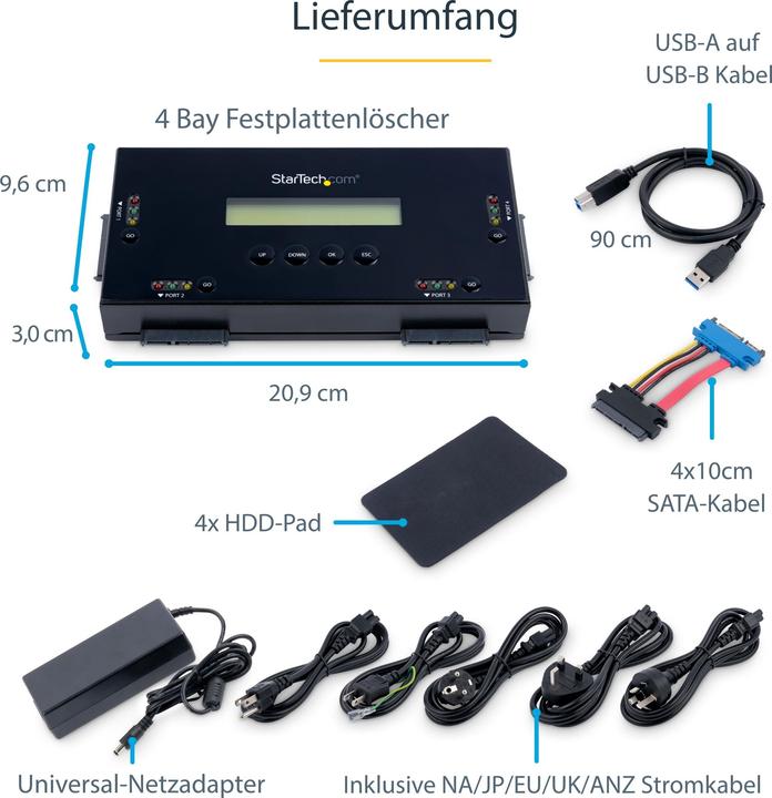 Produktbild StarTech Festplatten Löscher für 6,35cm/2,5 oder 8,89cm/3,5 Zoll SATA Laufwerke - 4 Schächte - Standalone...