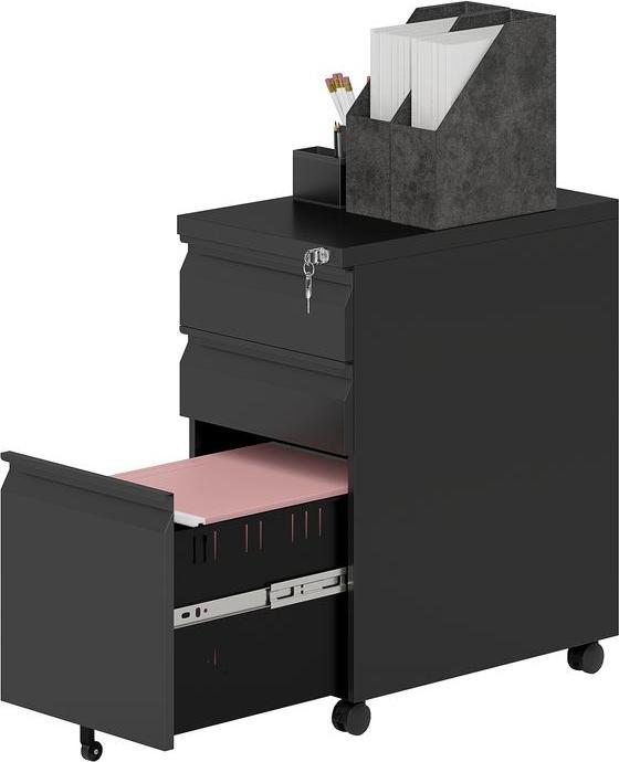 Swisshandel24 Aktenschrank aus Metall, Büroschrank, 3 Schubladen, rollbar, Schwarz