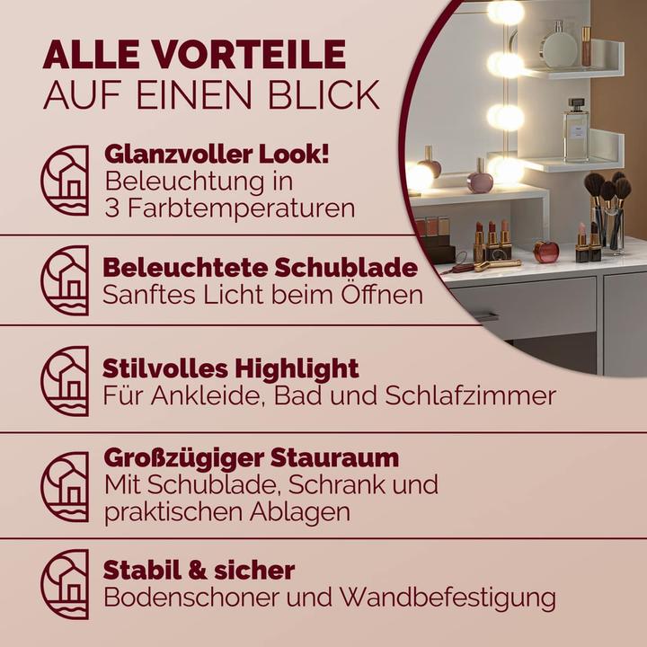 Image du produit Casaria Schminktisch mit Hocker (90 x 40 x 140 cm)