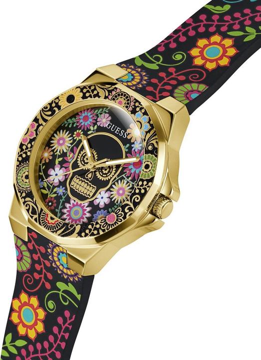 Actual product image Guess P GLD CS W/ FLORAL TR / SUN BLK DIGITAL PRINT DL / BLK FLORAL SILICONE STRP Wristwatch (38 mm)