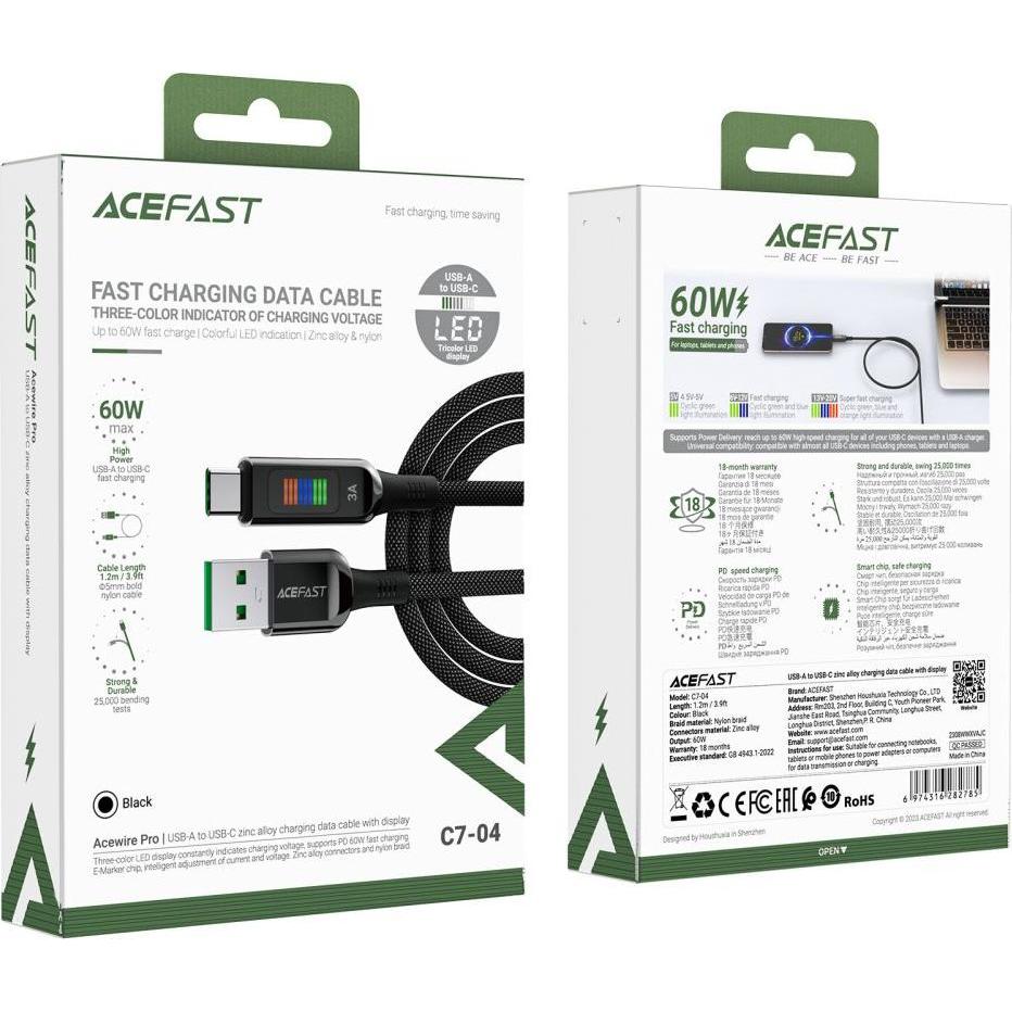 Thumbnail - Acefast C7-04 USB-A USB-C 60 W 1,2 m Kabel mit Display – Schwarz (1.20 m), USB Kabel